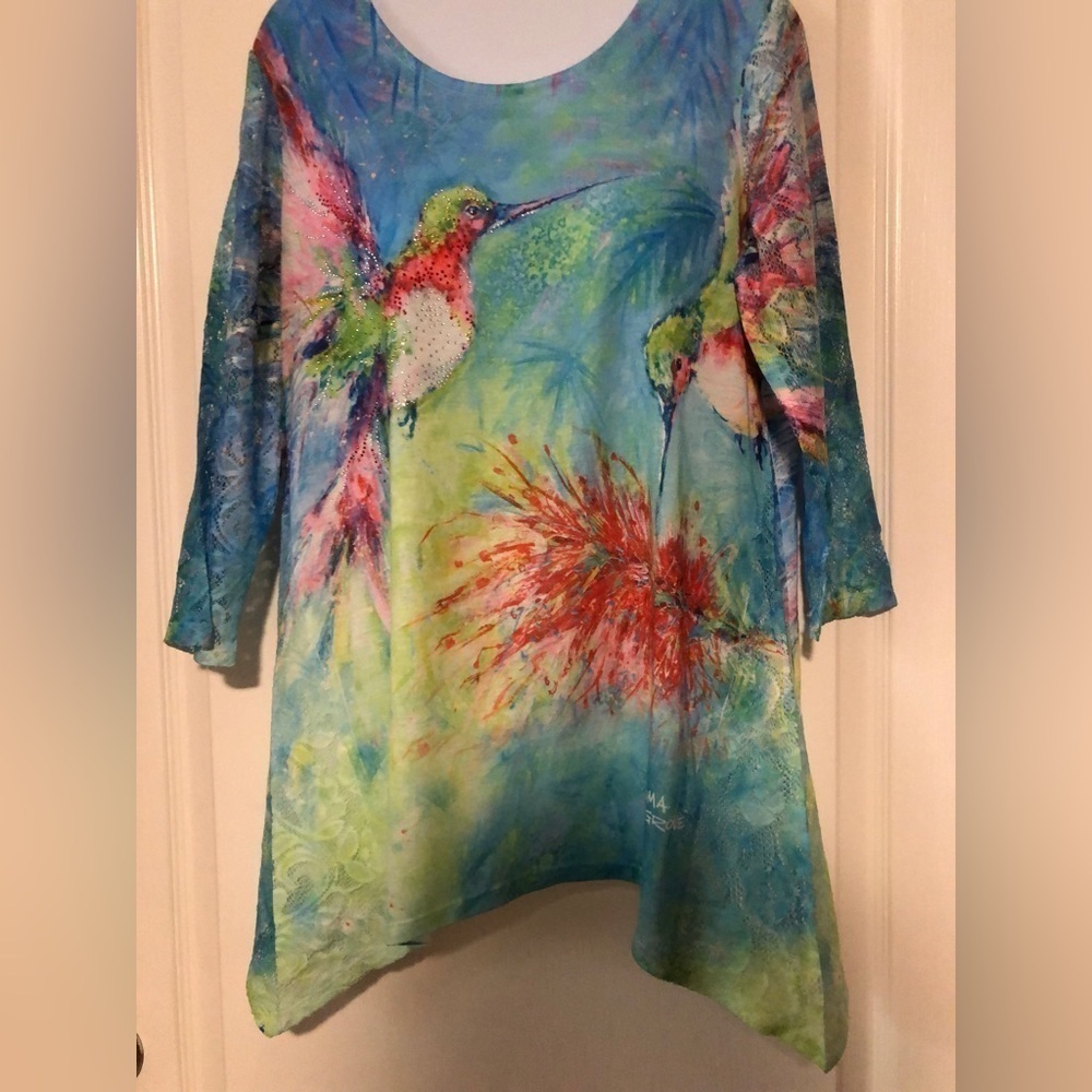 Leoma Lovegrove Hummingbird Shirt with Lace and Rhinestones. - Picture 2 of 15